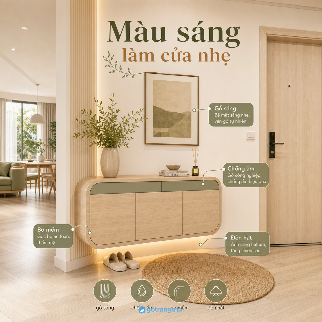 Màu sáng, bo mềm và đèn hắt nhẹ giúp lối vào thuận mắt