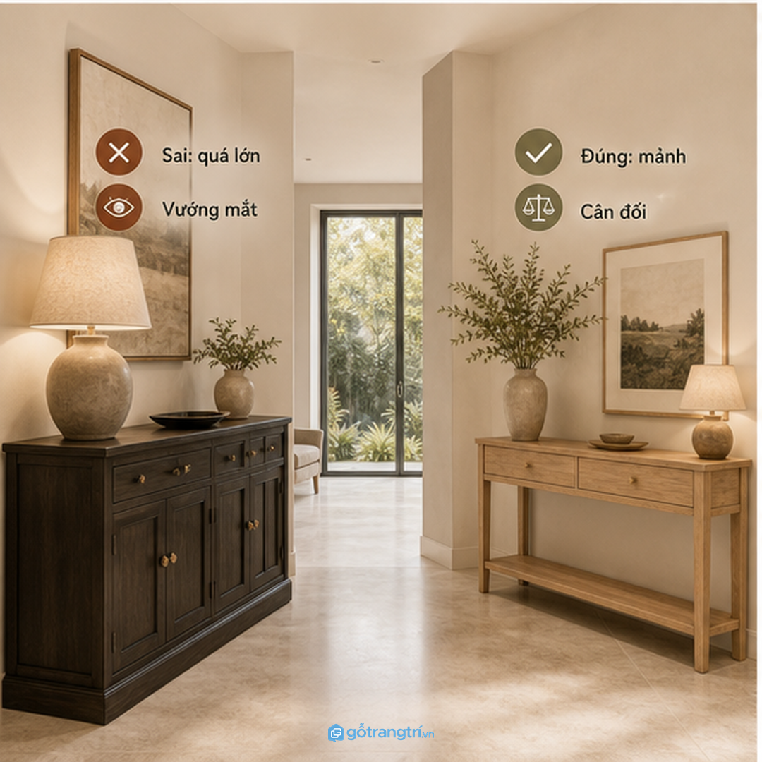 Phối gương, tranh và đèn để sảnh có chiều sâu