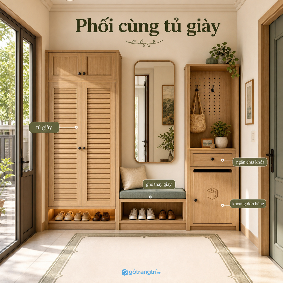 Phối tủ đồ giao nhận cùng tủ giày giúp sảnh vào đồng bộ hơn