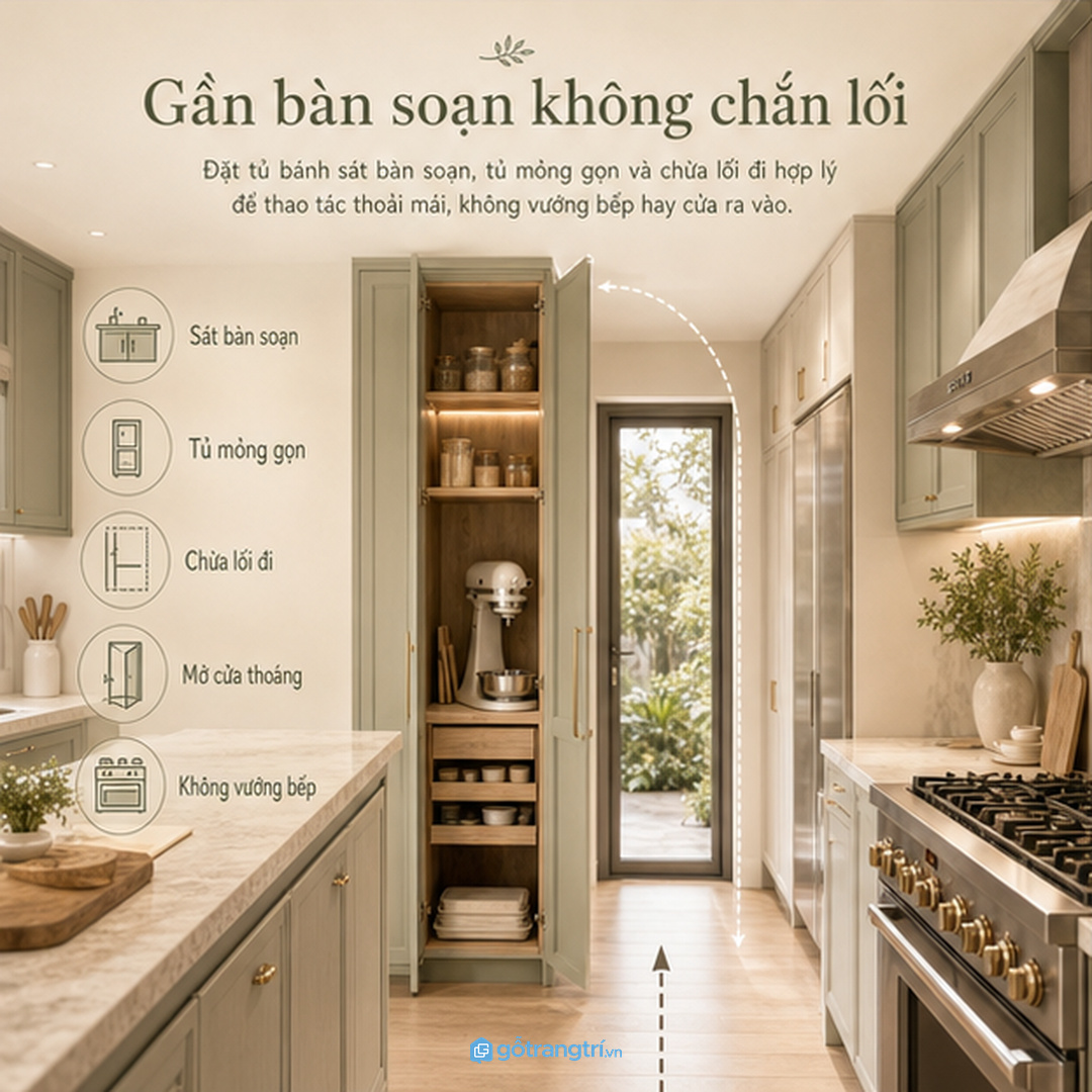Đặt tủ gần nơi soạn bột nhưng không chắn luồng nấu nướng