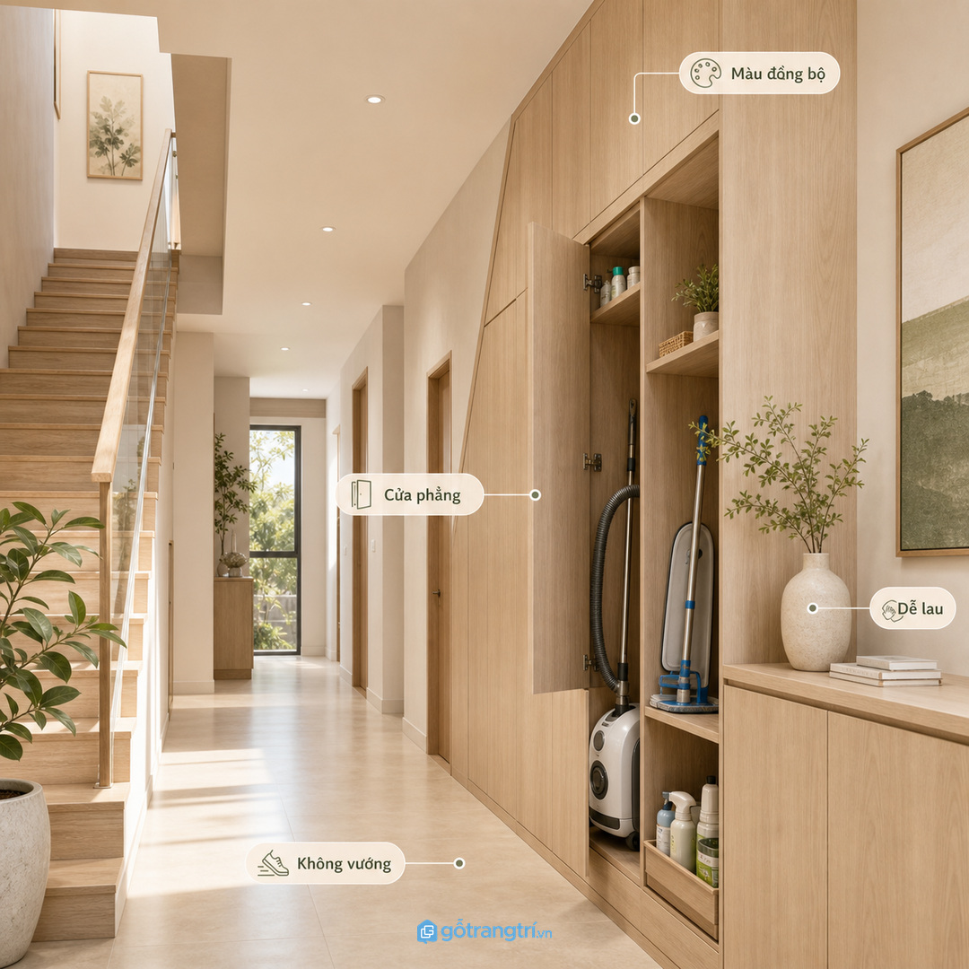 Vật liệu dễ lau, cánh phẳng và vị trí không vướng giúp tủ đồ nghề hợp nhà phố nhỏ.