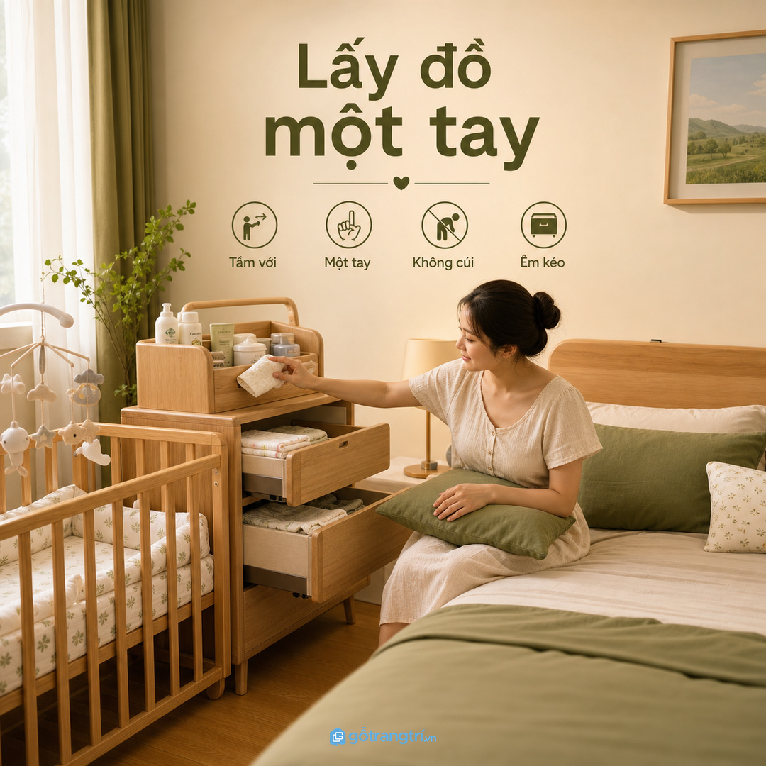 Lấy đồ một tay thuận hơn khi tủ nằm cạnh giường và cạnh nôi