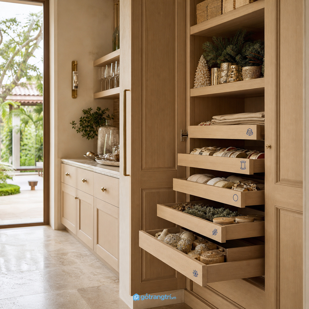 Đặt tủ gần khu chuẩn bị tiệc giúp biệt thự tiếp khách nhanh và gọn hơn