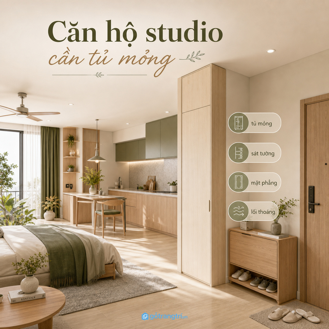Căn hộ studio hợp tủ mỏng, cao và sát tường để giữ lối đi thoáng