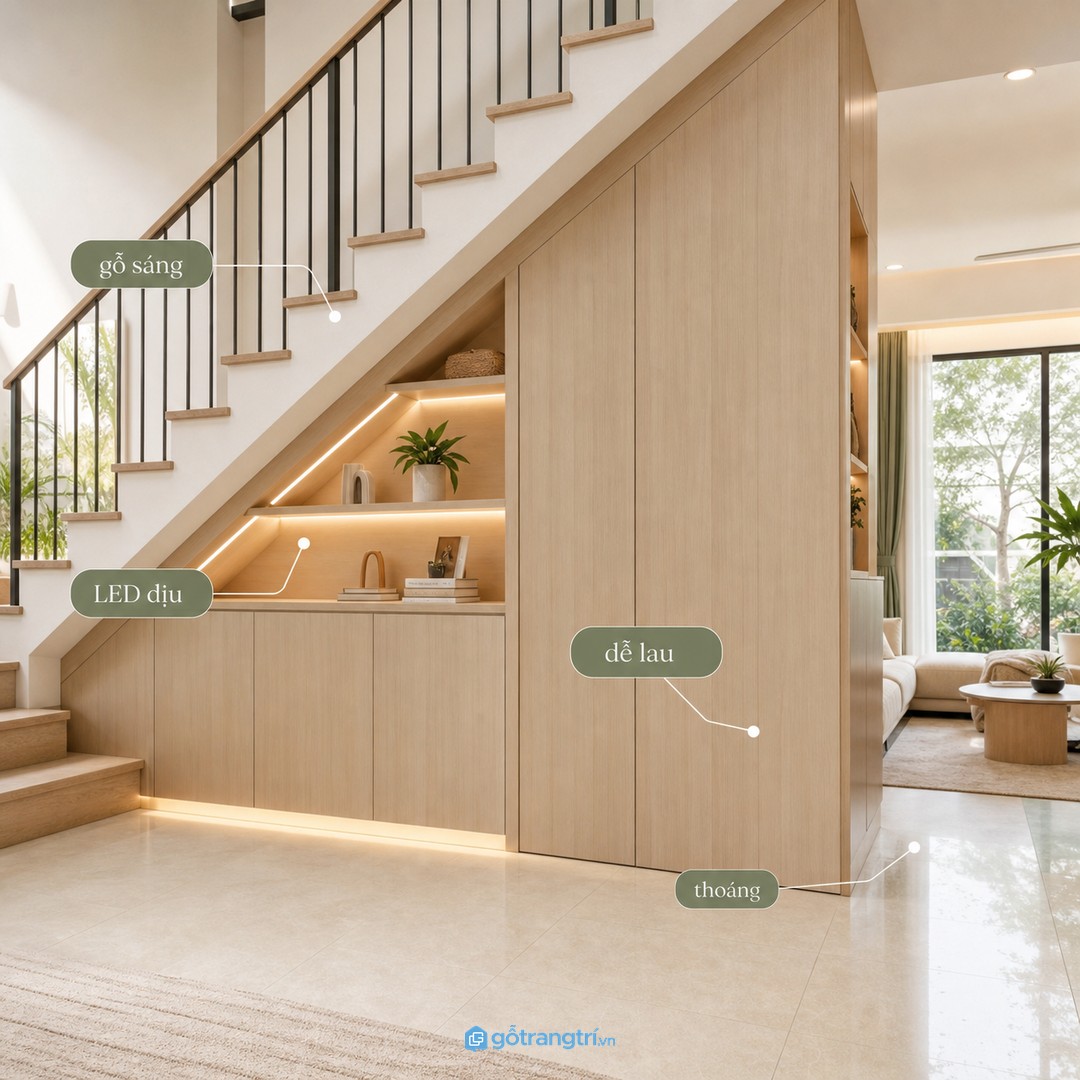 Vật liệu sáng, kệ mở vừa đủ và LED dịu giúp gầm cầu thang không bị tối