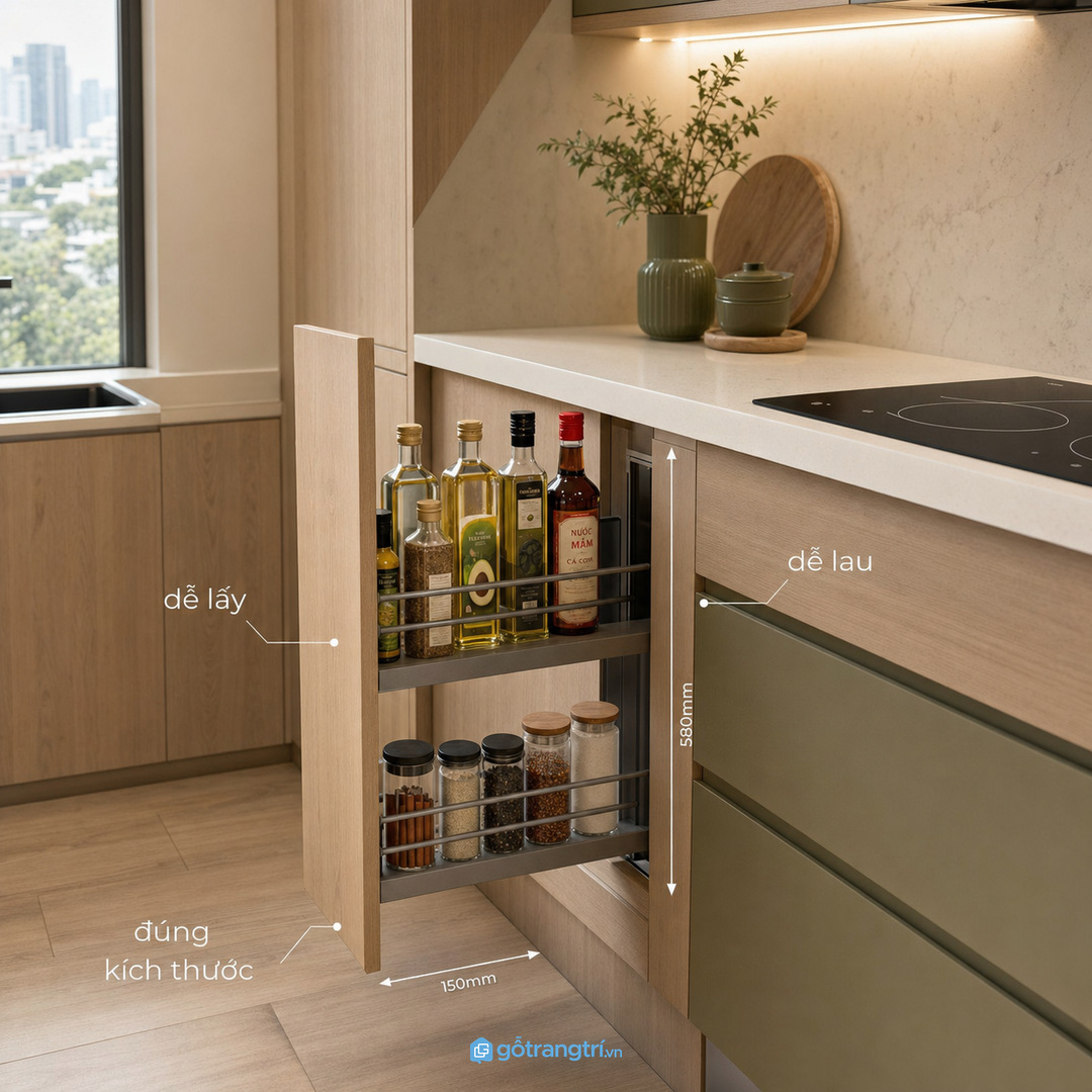 Vật liệu quanh khu nấu cần dễ lau dầu mỡ, nước mắm và bụi gia vị