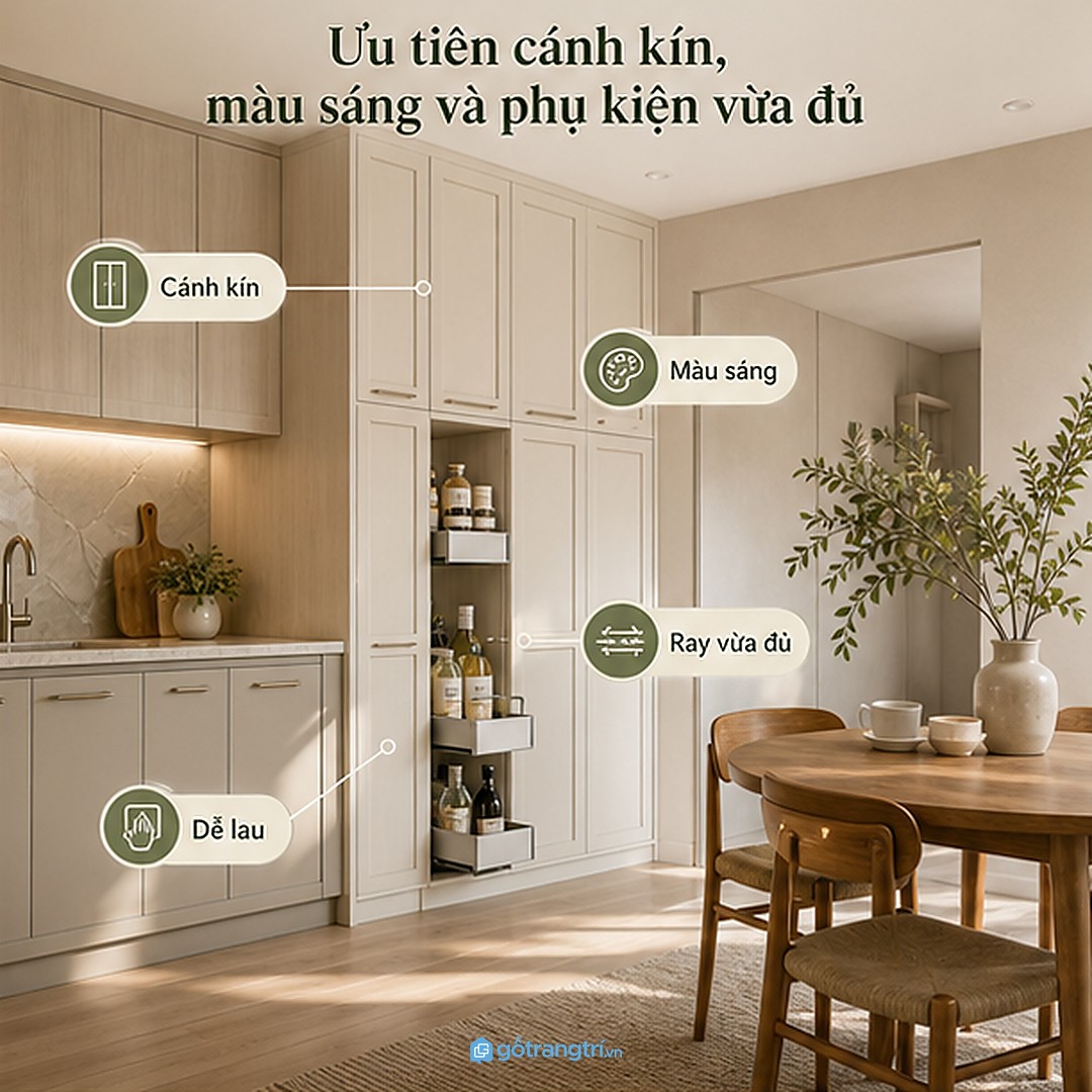Cánh kín, màu sáng và phụ kiện vừa đủ giúp tủ gia vị gọn mắt