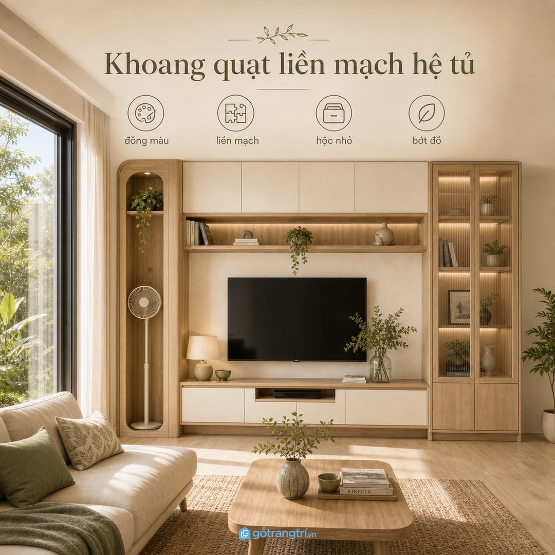 Phối tủ giấu quạt với kệ tivi hoặc tủ trang trí cho liền mạch