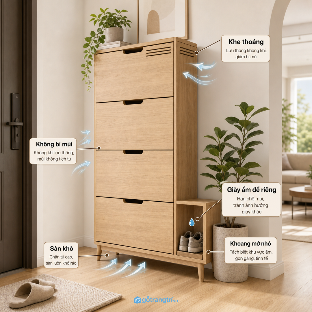 Tủ giày kín cần có độ thoáng và bề mặt dễ vệ sinh