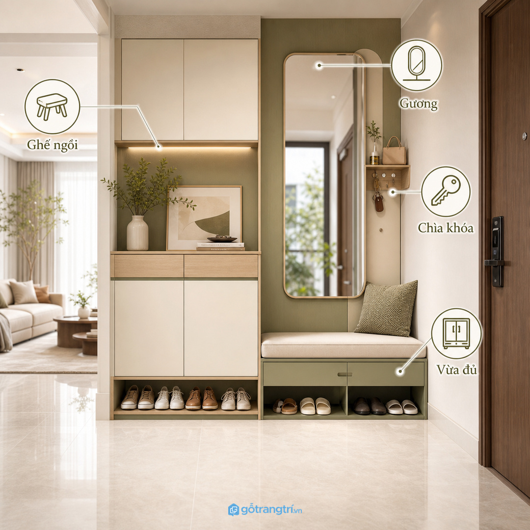 Phối tủ giày với ghế ngồi, gương và ngăn chìa khóa vừa đủ