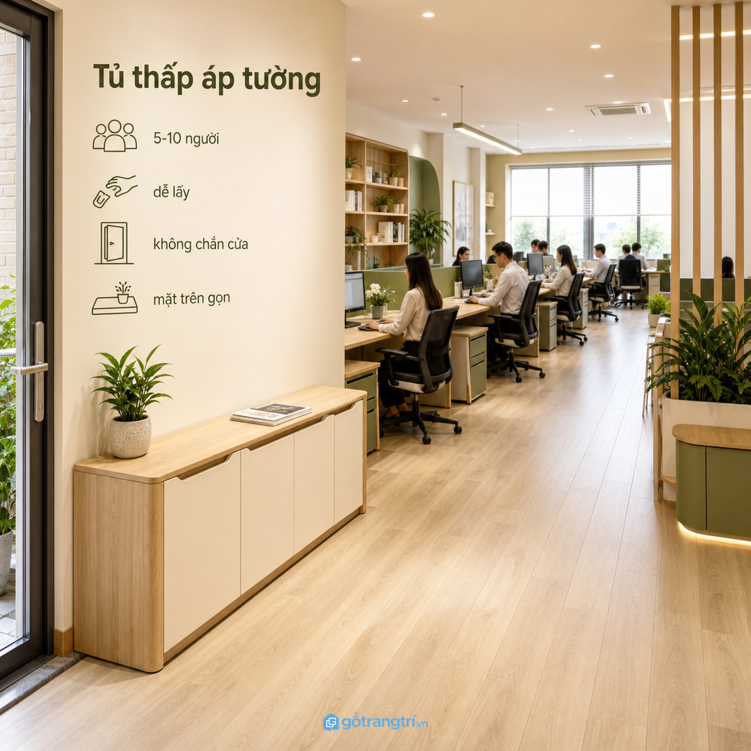 Màu sắc và vị trí đặt tủ cần hòa vào tổng thể nội thất văn phòng