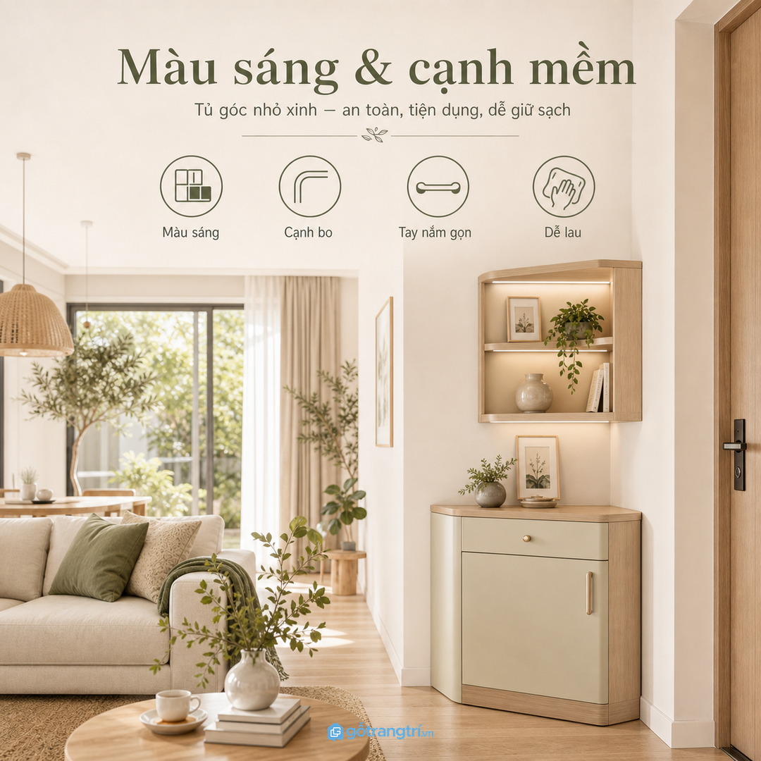 Màu sáng và cạnh mềm giúp tủ nhẹ hơn