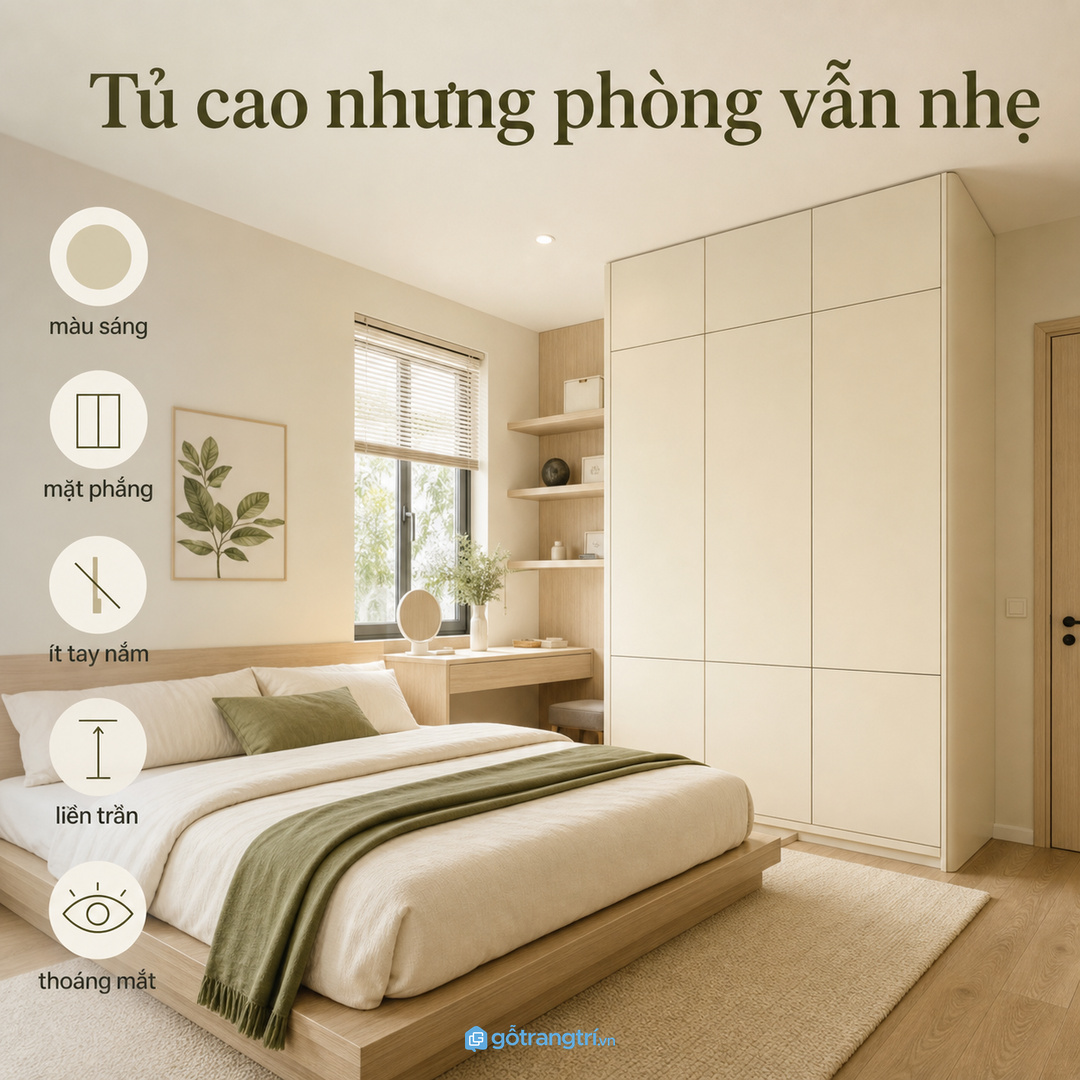 Màu cánh liền mạch giúp tủ cao vẫn nhẹ mắt trong phòng ngủ nhỏ