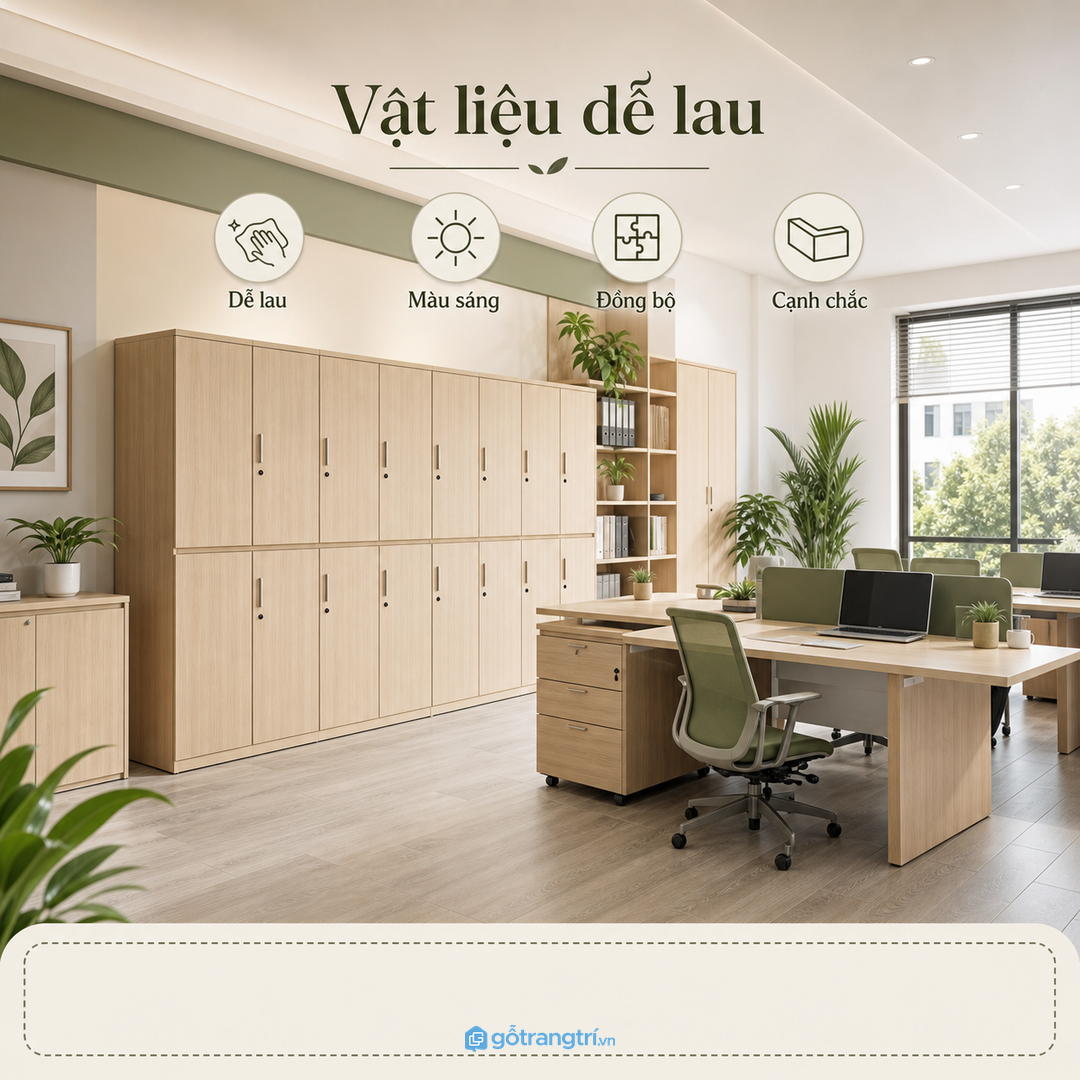Vật liệu sáng, dễ lau giúp hệ tủ locker nhẹ mắt trong văn phòng nhỏ