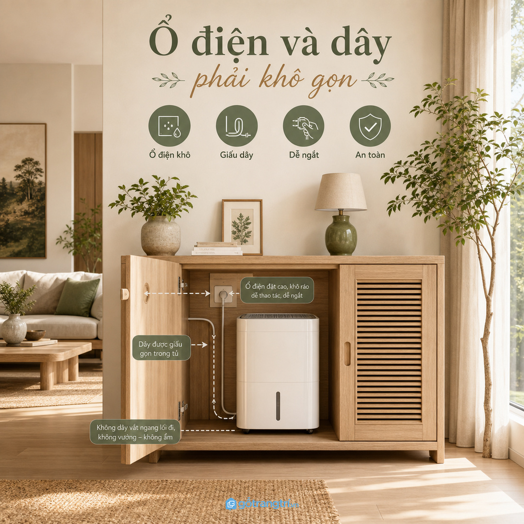 Ổ điện, dây và khay nước cần khô, dễ ngắt và dễ vệ sinh