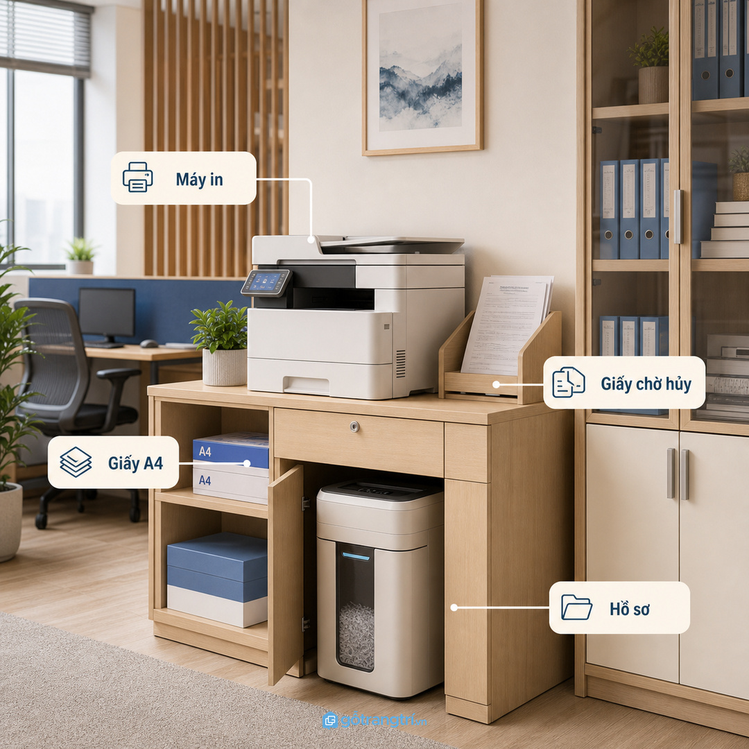 Phối tủ máy hủy tài liệu với khu máy in và tủ hồ sơ