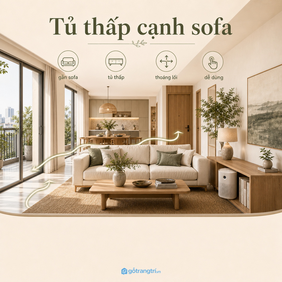 Phối tủ giấu máy với kệ tivi hoặc tủ trang trí cho liền mạch