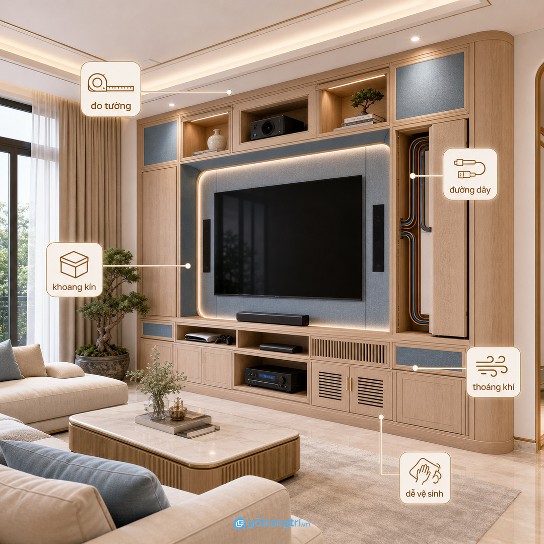 Vật liệu và ánh sáng tủ media cần đẹp nhưng không gây chói màn hình