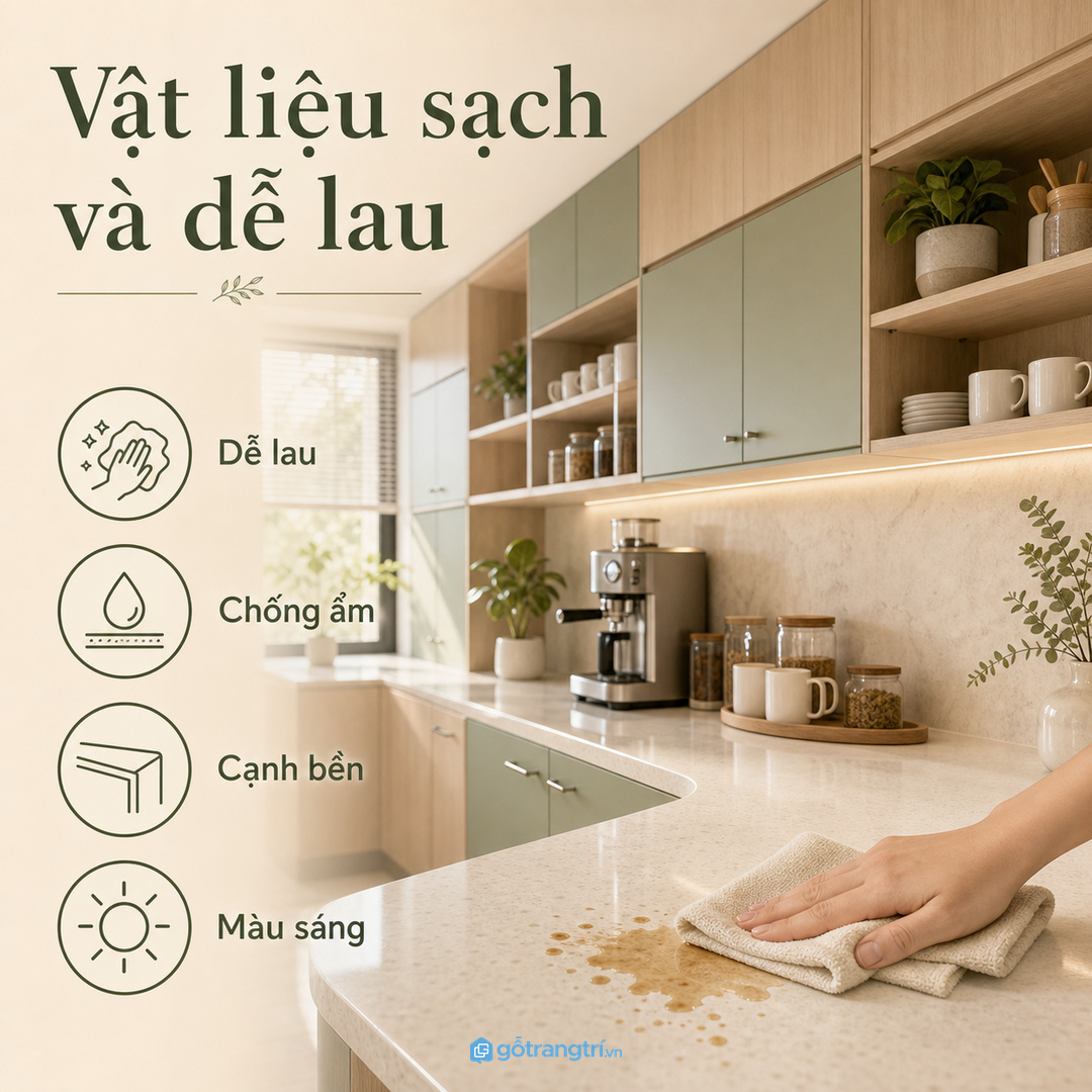 Chọn vật liệu dễ lau và màu sắc nhẹ mắt