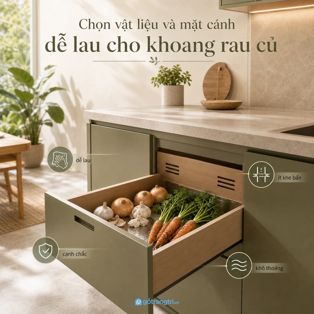 Chọn vật liệu và mặt cánh dễ lau cho khoang rau củ