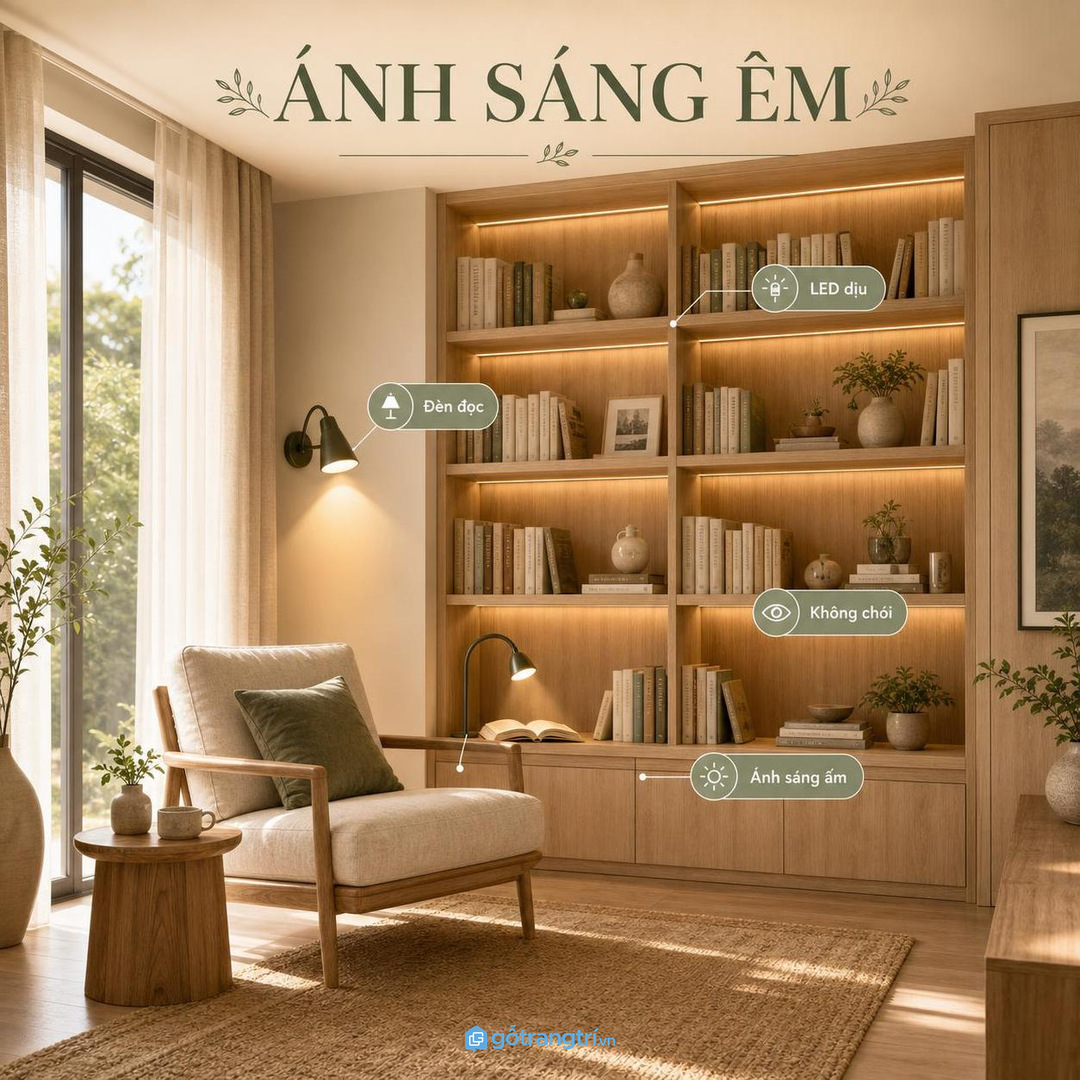 Ánh sáng phòng đọc cần dịu, đủ đọc sách và không làm nóng kệ
