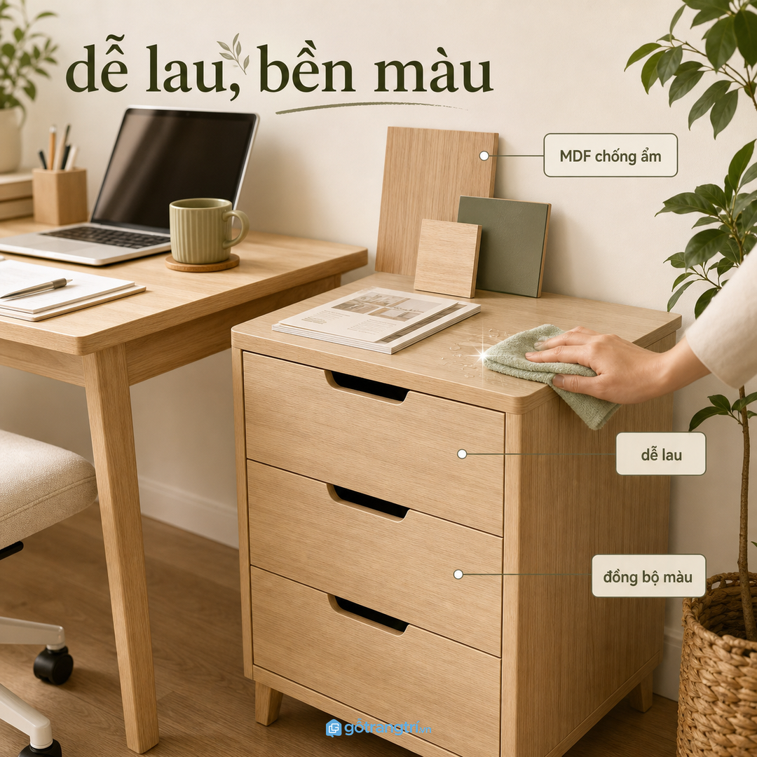 Vật liệu tủ thấp cần bền, dễ lau và đồng bộ với bàn làm việc
