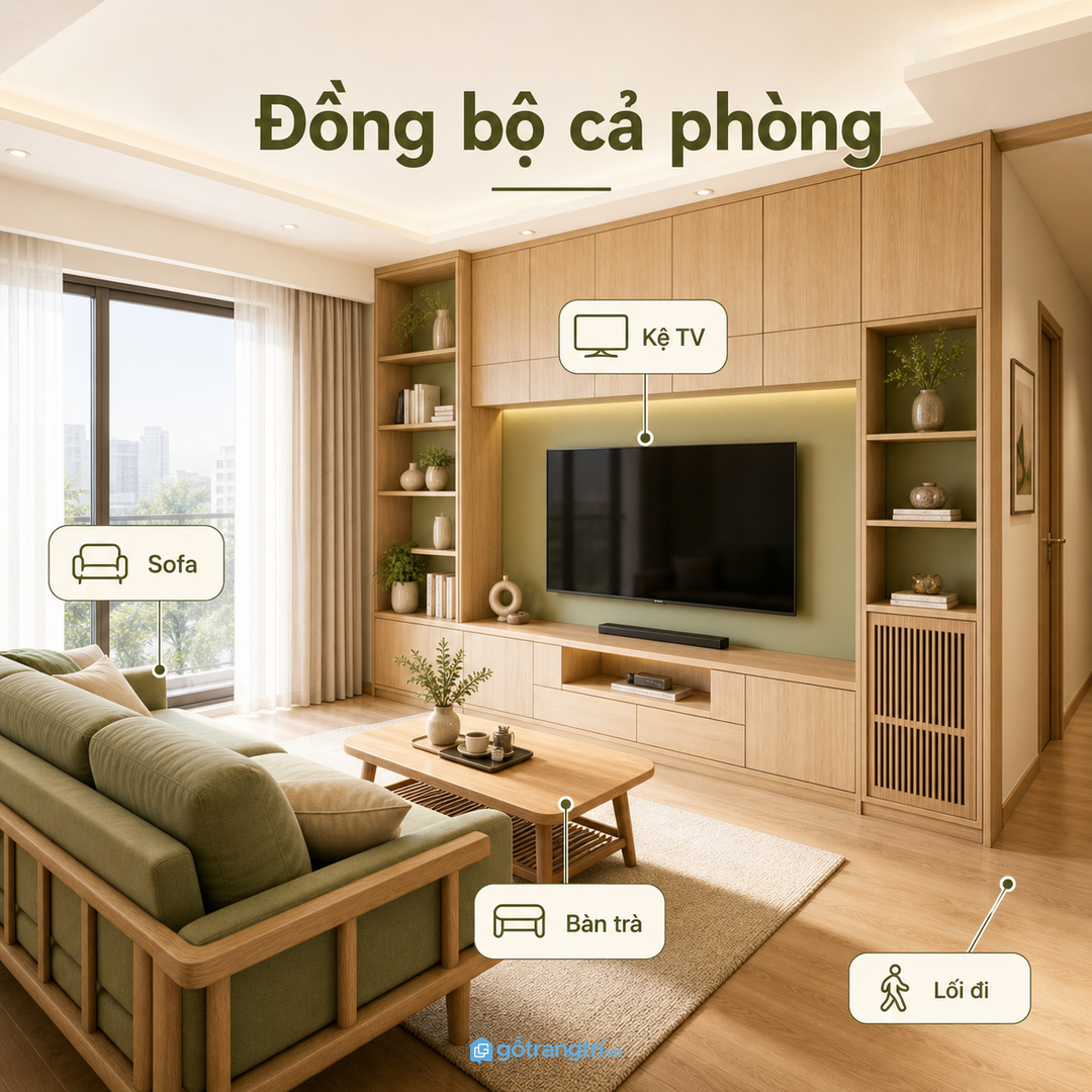 Tủ trang trí cần đồng bộ với kệ TV, sofa, bàn trà và lối đi