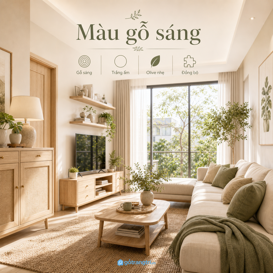 Màu gỗ sáng giúp phòng khách nhỏ nhẹ mắt hơn