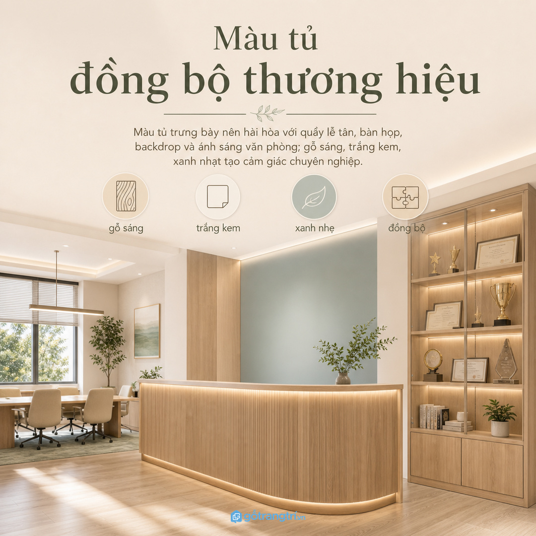 Màu tủ đồng bộ với quầy lễ tân, bàn họp và ánh sáng thương hiệu