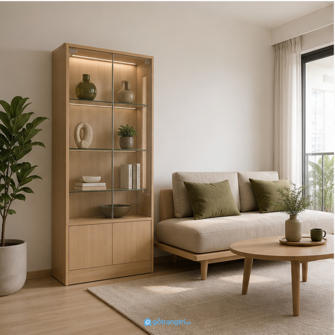 Màu gỗ sáng và kính trong giúp tủ mini nhẹ mắt hơn