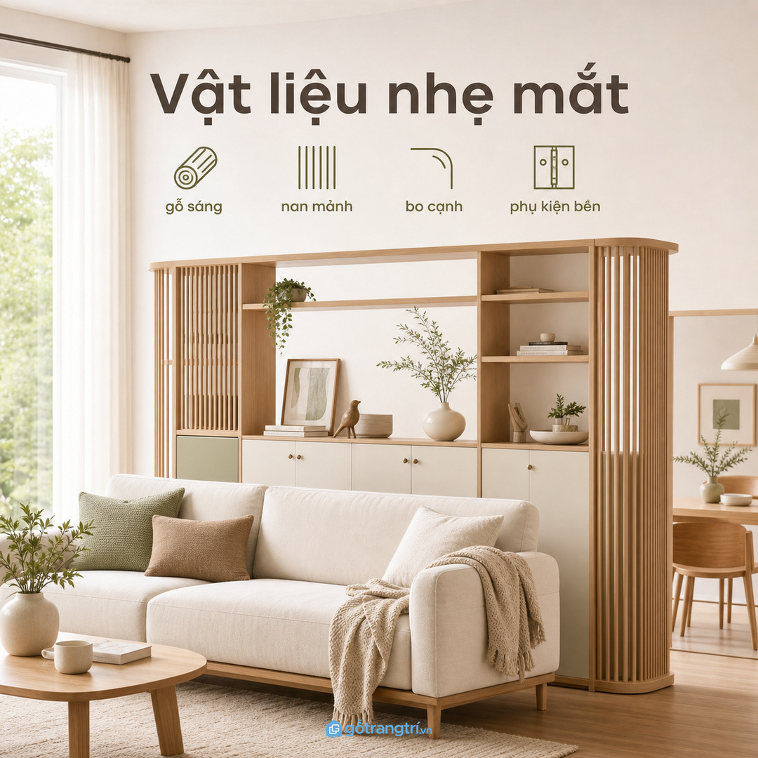 Vật liệu sáng, nan mảnh và cạnh bo giúp tủ vách ngăn nhẹ mắt hơn