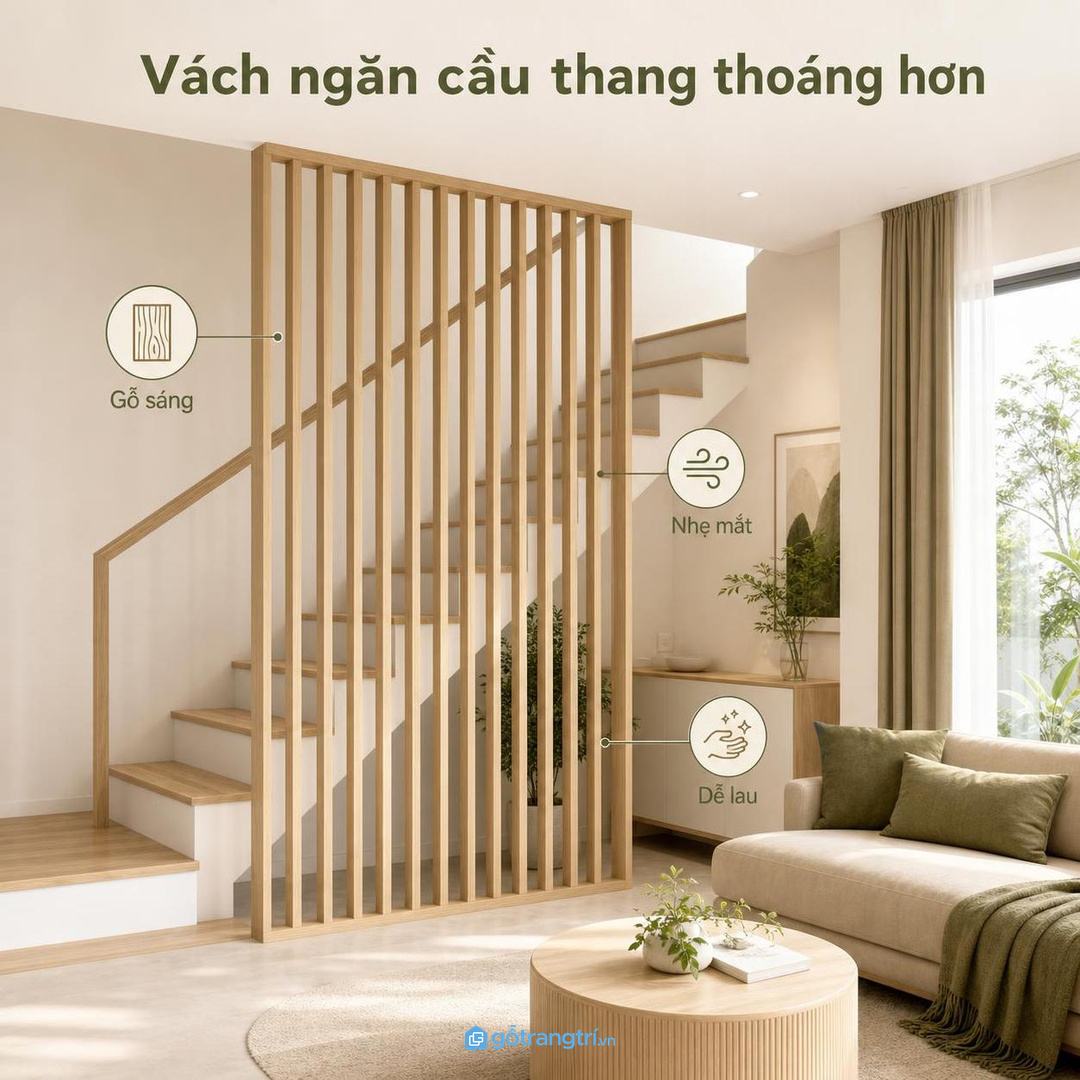 Màu gỗ sáng và vật liệu thoáng giúp vách nhẹ mắt hơn