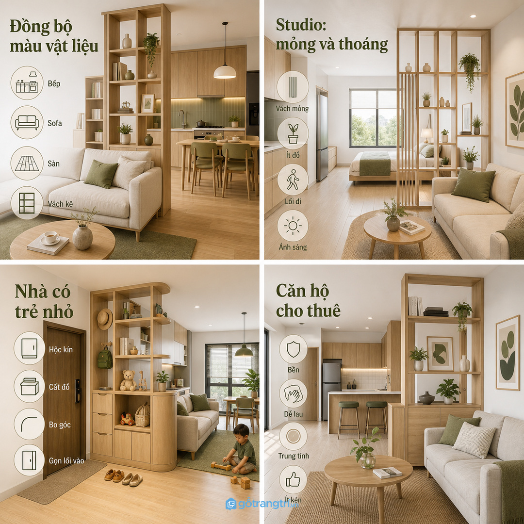 Chọn màu và vật liệu đồng bộ với bếp, sofa và sàn