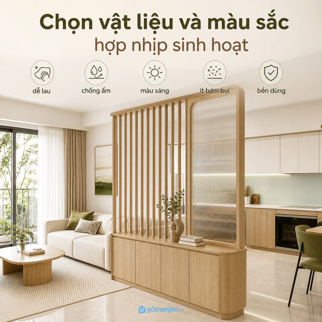 Vật liệu sáng, dễ lau và ít bám bụi giúp vách ngăn gần bếp dùng bền hơn