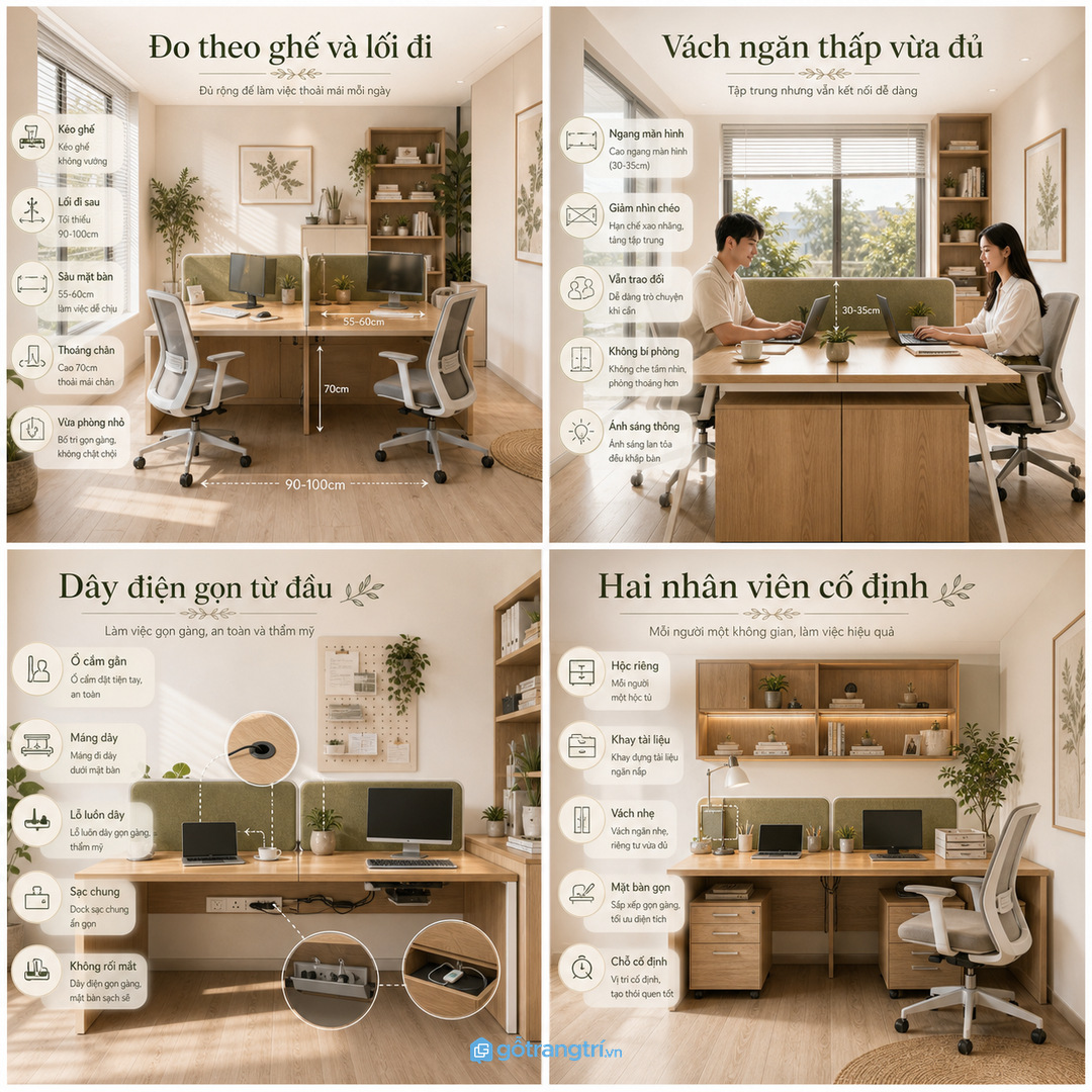Hai nhân viên cố định cần hộc riêng và khay tài liệu
