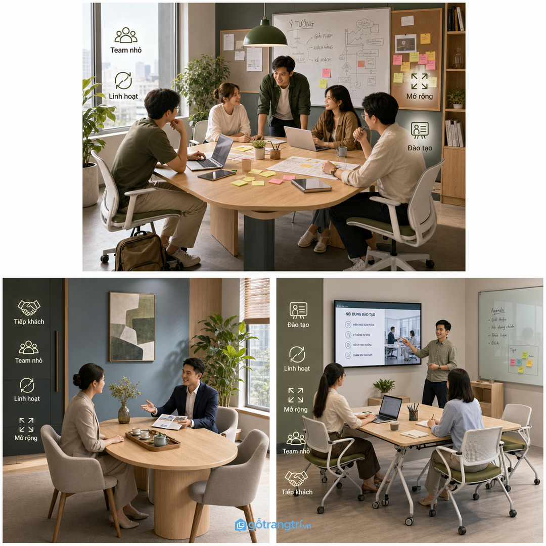 Team nhỏ cần bàn họp linh hoạt để họp nhanh, brainstorm và làm việc nhóm