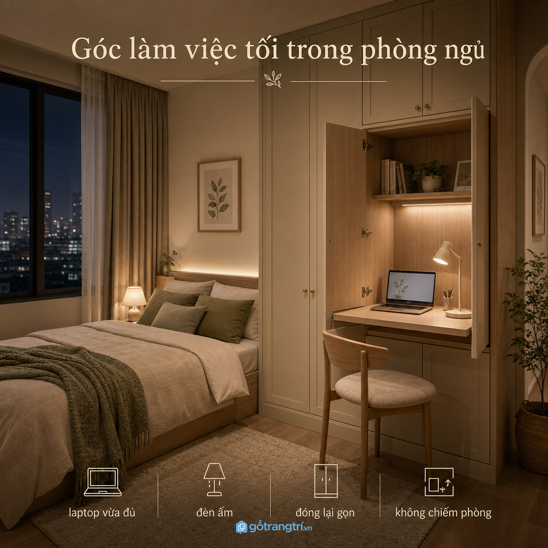 Phòng ngủ chung cư cần góc làm việc buổi tối