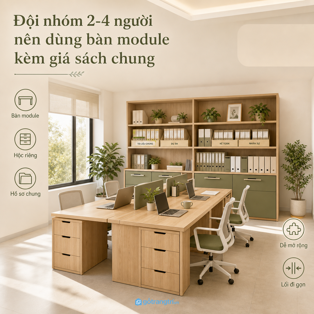 Đội nhóm nhỏ cần bàn module kèm giá sách dễ chia người dùng