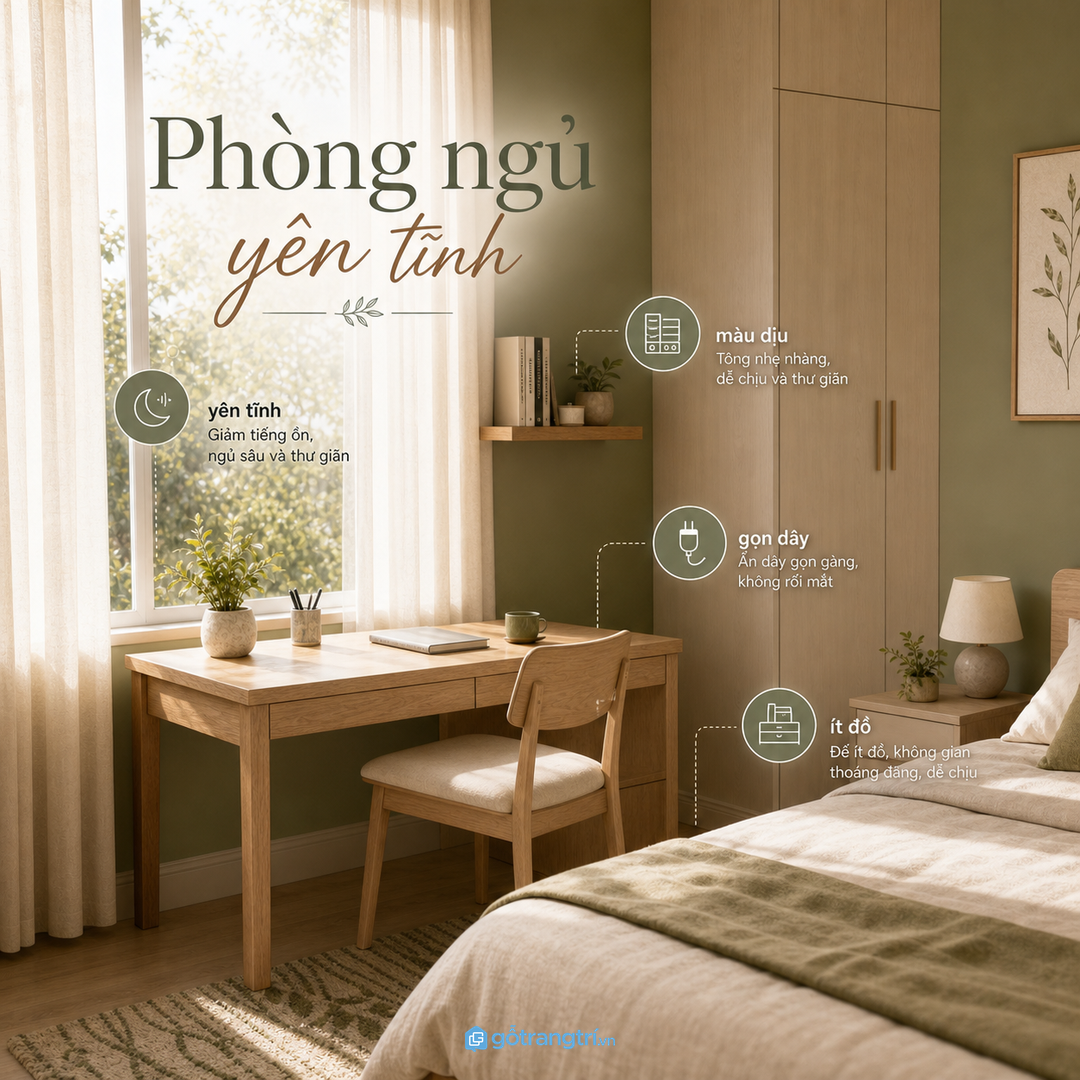 Phòng ngủ nhỏ cần góc làm việc yên tĩnh, không rối mắt