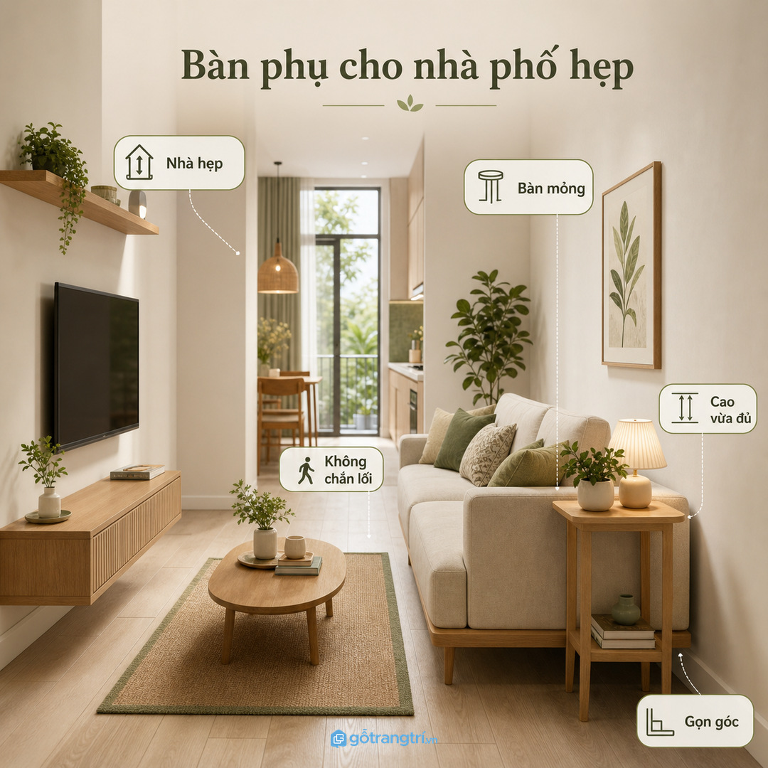Căn hộ khách liền bếp nên chọn bàn phụ mỏng để giữ lối đi thoáng