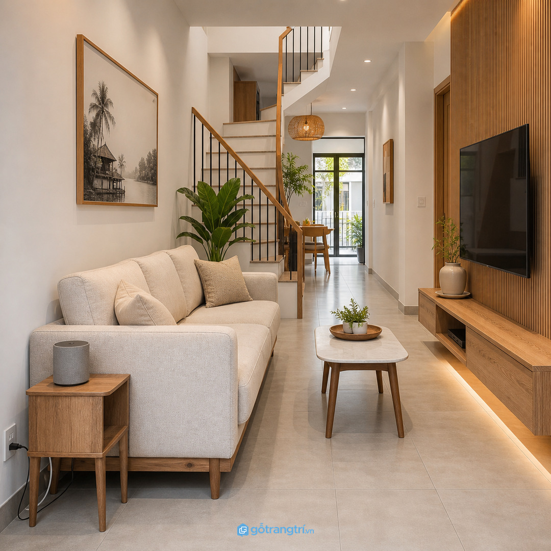 Căn hộ nhỏ nên đặt bàn phụ ở cạnh sofa sát ổ điện