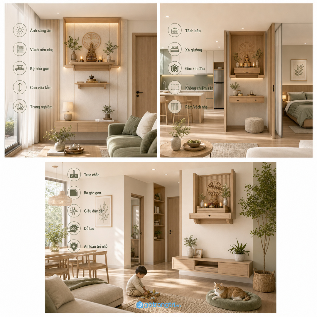 Căn hộ phòng khách liền bếp cần đặt tủ thờ ở vị trí thoáng và ít bị ảnh hưởng bởi khu nấu