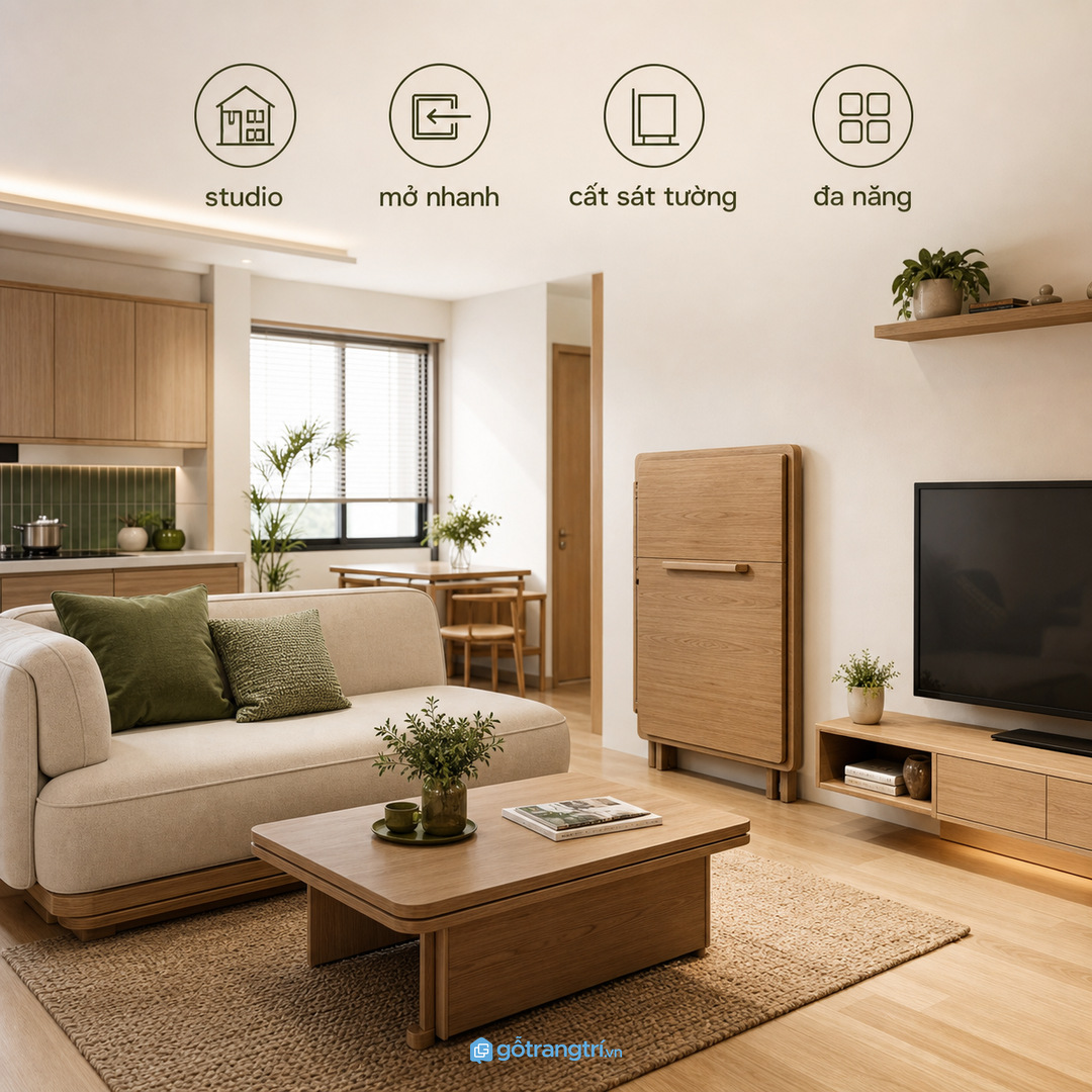 Căn hộ studio cần bàn mở nhanh và cất thật gọn