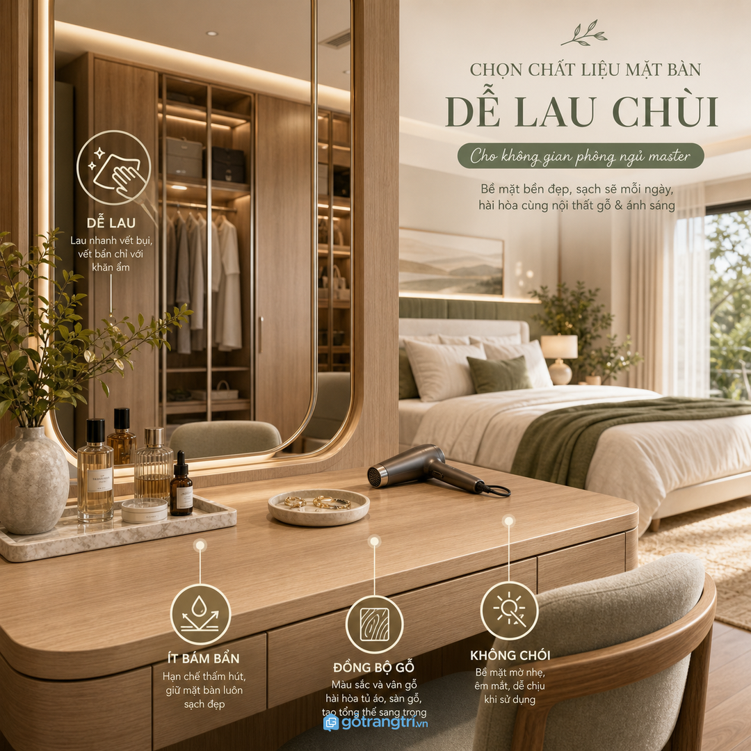 Chọn vật liệu mặt bàn dễ lau và hợp phòng ngủ master