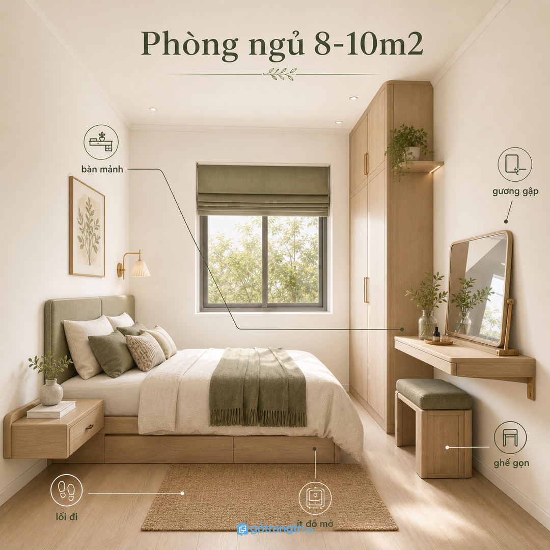Phòng ngủ 8-10m2 nên ưu tiên bàn mảnh và ghế cất gọn