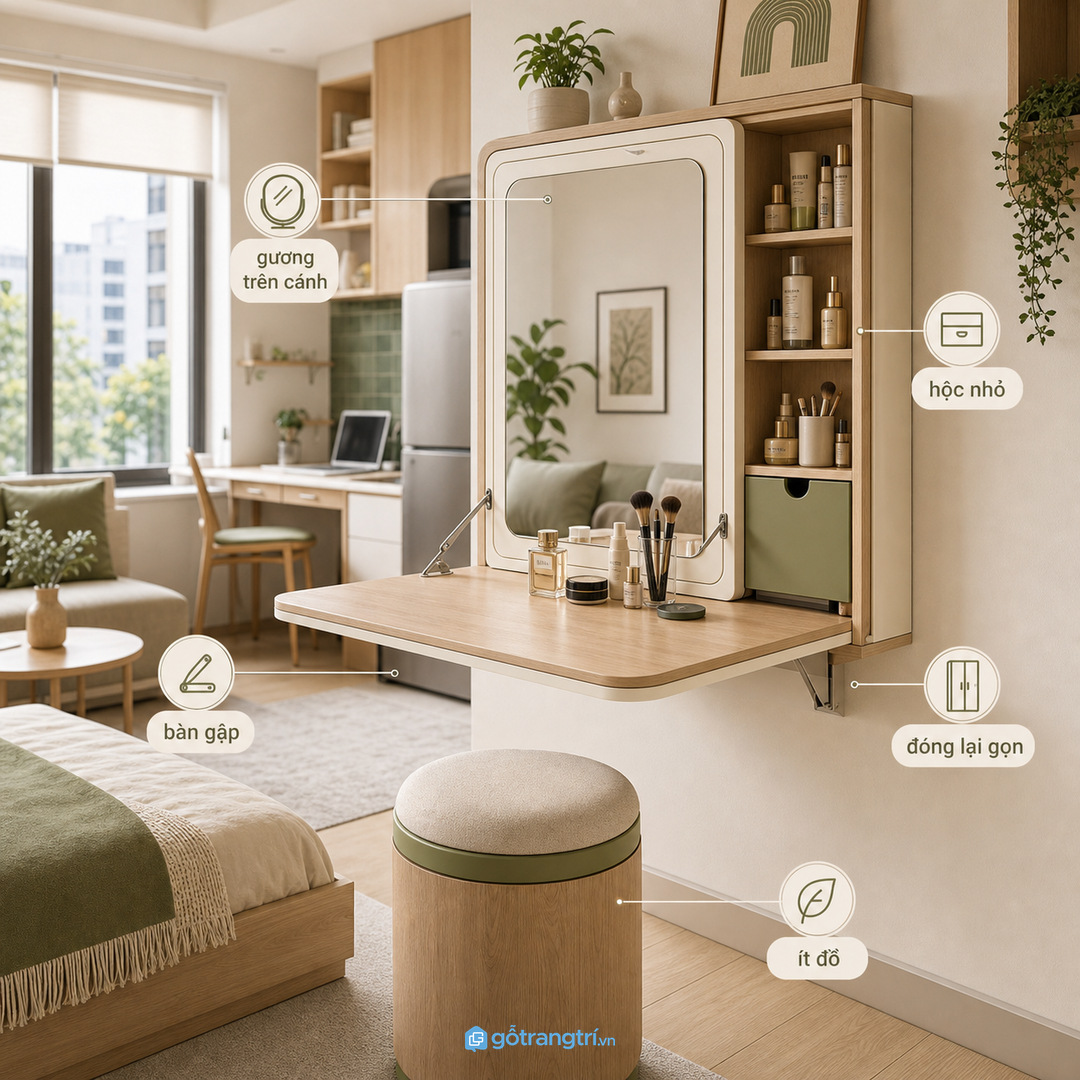 Căn hộ studio nên dùng bàn gập hoặc mặt bàn treo gọn