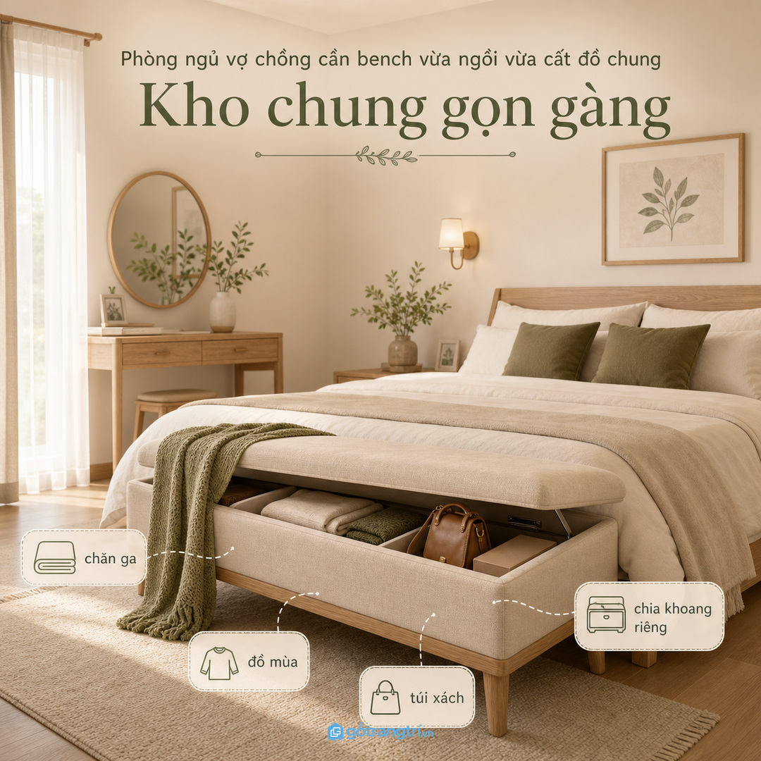 Phòng vợ chồng cần bench vừa ngồi vừa cất đồ chung