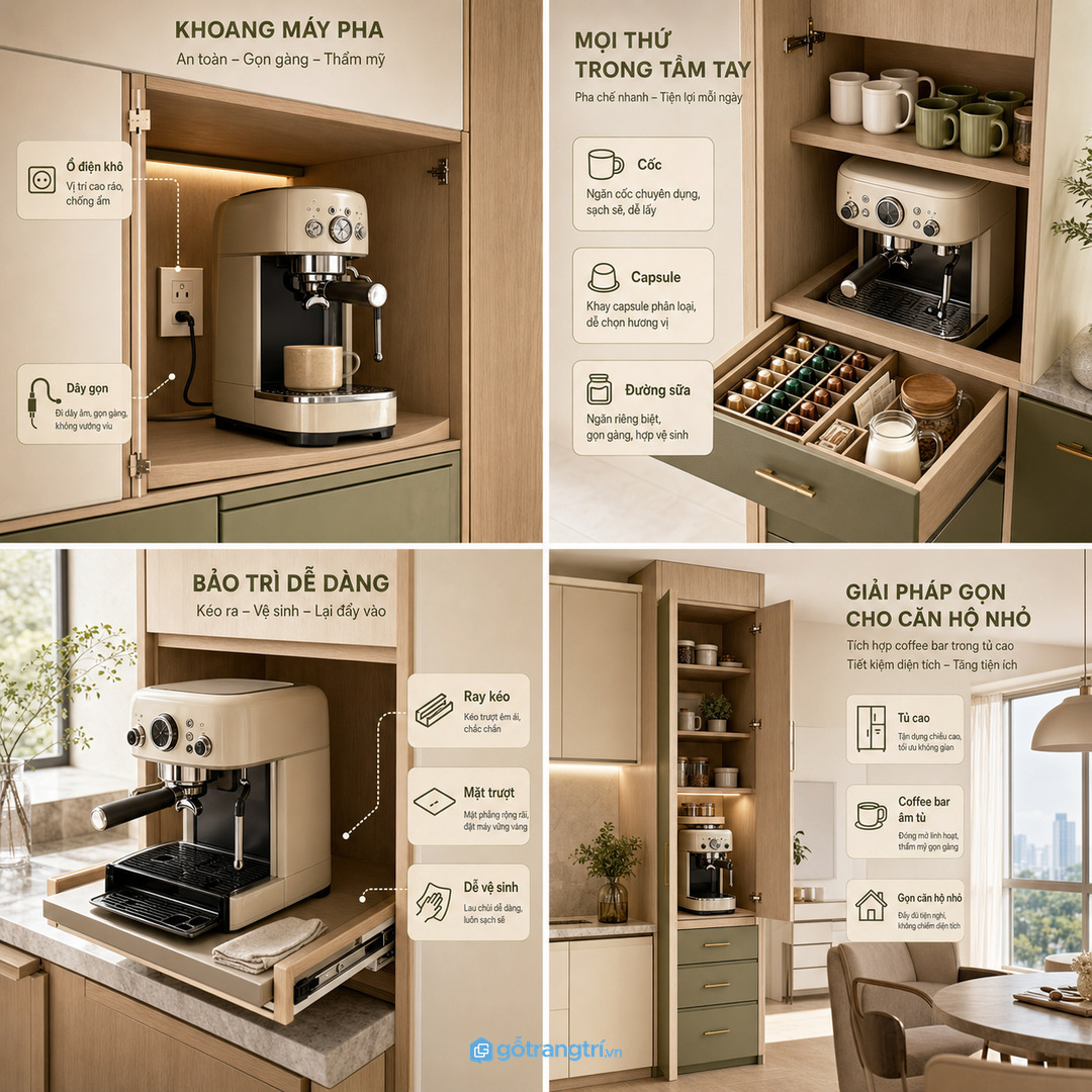 Căn hộ nhỏ có thể gom coffee bar vào tủ cao hoặc tủ bếp phụ
