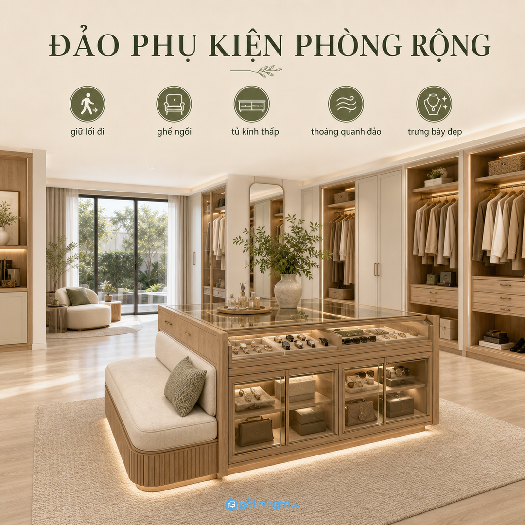 Đảo phụ kiện phòng rộng cần giữ lối đi thoáng quanh tủ áo và ghế ngồi