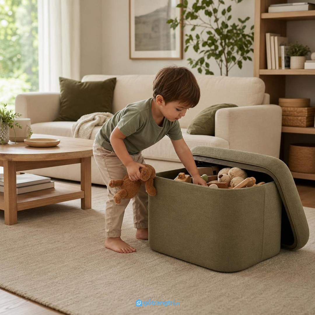 Căn hộ nhỏ dùng ghế đôn để cất chăn gối, sách và đồ chơi gọn hơn